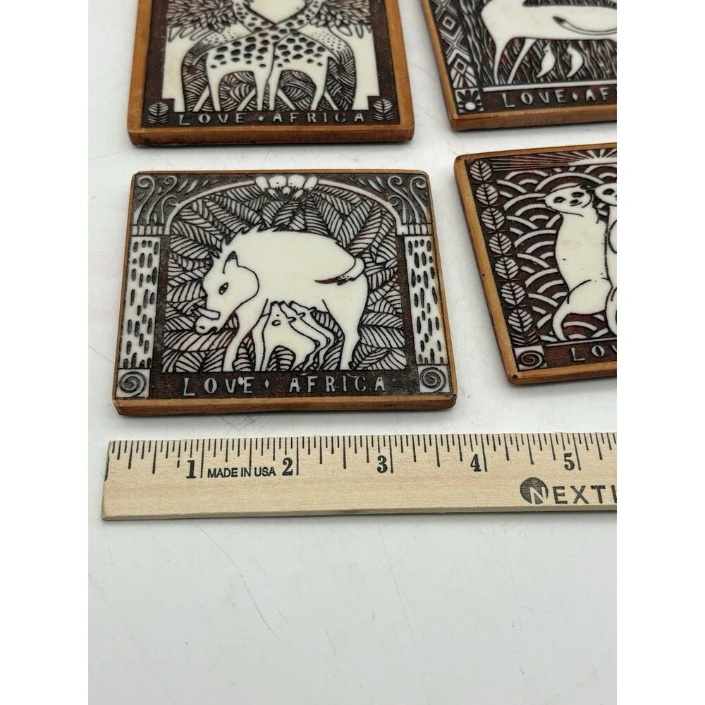 Set of 4 Love Africa Safari Animal Wood Coasters Giraffe Antelope Warthog